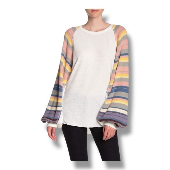Free People Rainbow Dreams Oversized Slouchy Thermal Top Size Medium - Picture 1 of 6